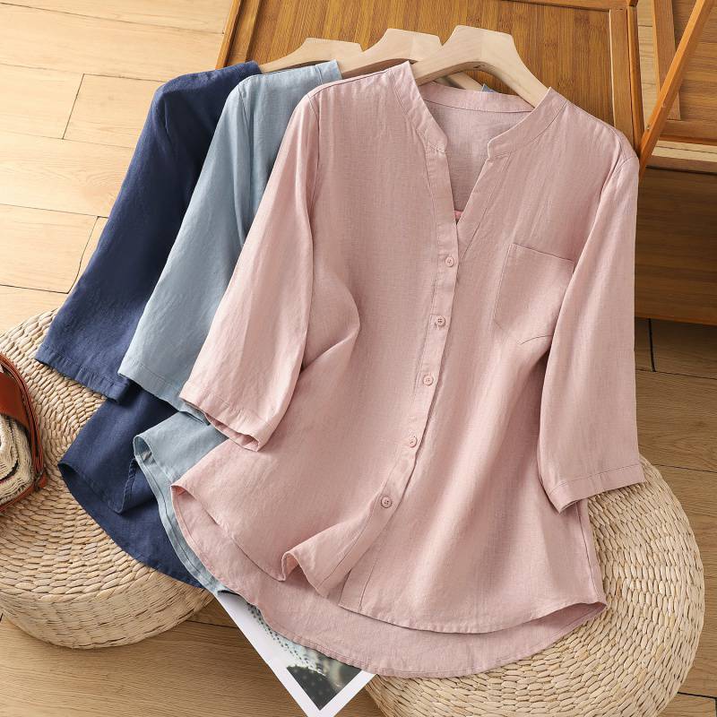 Artistic Simple V-neck Solid Color Shirt Mother's Elegant Commuter Shirt Summer New Single-breasted Casual Top