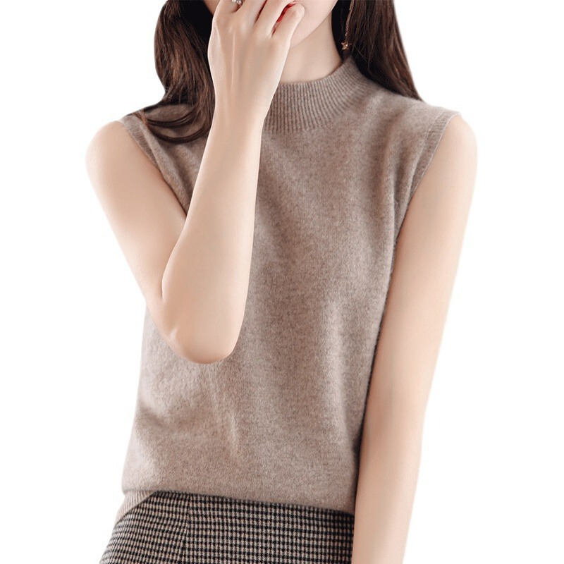 Sleeveless Women's Half-High Collar Camisole Undershirt, Solid Color Wool Knit Pullover Vest for Women, Gray
