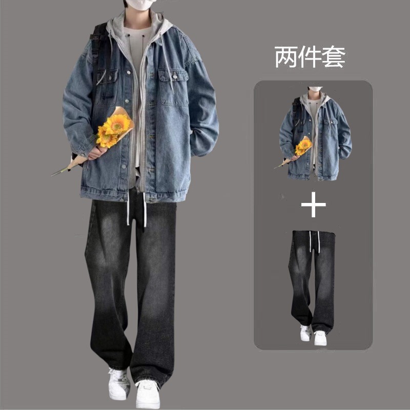 Trendy Brand Handsome Denim Suit Men's Autumn Trendy Jacket Jacket Men's High Street Suit Men's Complete Set