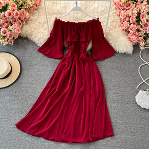 Flared off shoulder sleeve straight line holiday long skirt edge Chiffon lotus leaf Beach Dress shoulder skirt