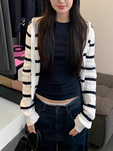 藏青色条纹连帽麻花针织开衫外套女韩系氛围感早秋季穿搭毛衣上衣|undefined