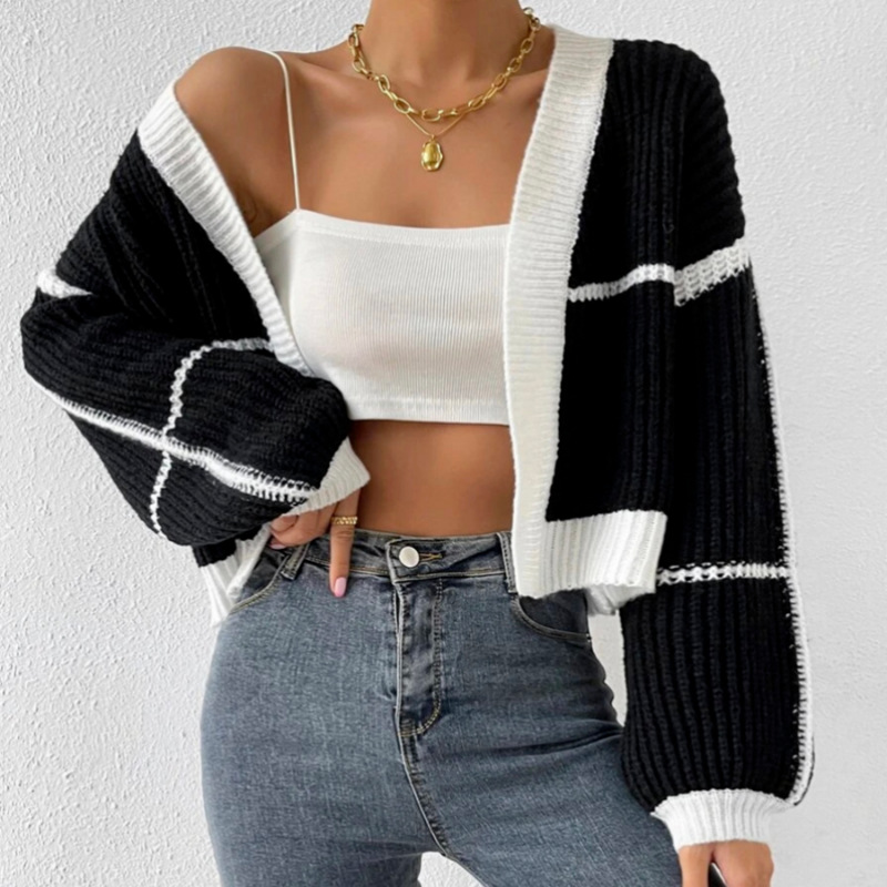 Spot suéteres personalizados transfronterizos europeos y americanos primavera y otoño suéter de punto corto cardigan chaqueta exterior suéter suelto en contraste mujeres image 4