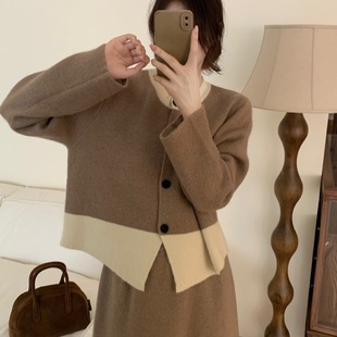 Vintage Elegant Short Style Small Style Knitted Cardigan Women's Autumn and Winter Korean Style New Loose Color-block Round Neck Sweater Jacket