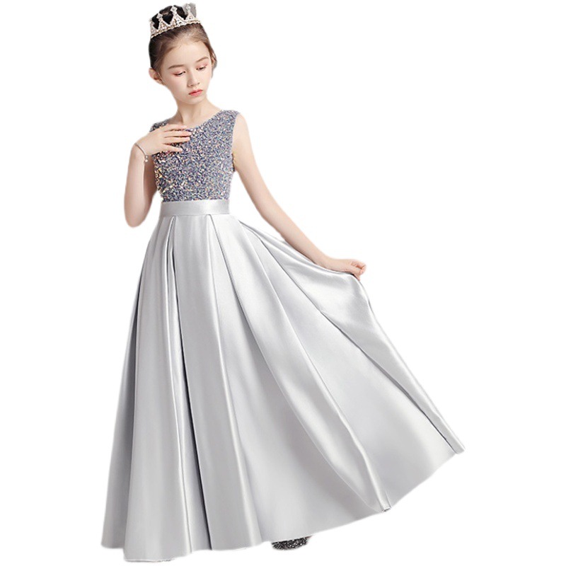 Concurso de piano para niñas vestido de noche traje de princesa vestido infantil anfitrión gris colorido cintura ajustada traje de rendimiento primavera