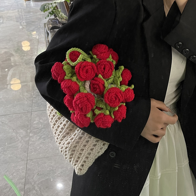 纯手工编织玫瑰花单肩大包夏季镂空包