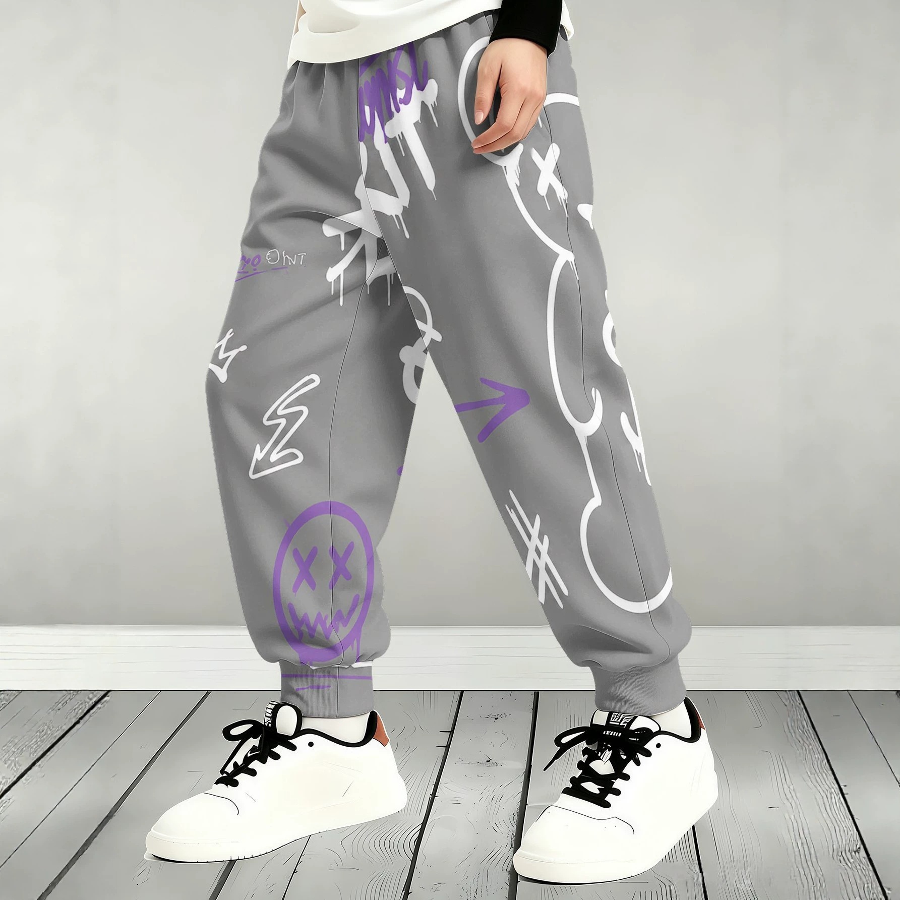 European and American hip-hop style, smiley face graffiti digital print, children's casual pants, gray, loose fit, for medium and large-sized children, knitted sports long pants