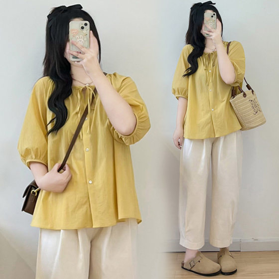 2025 New Summer Maternity suit Loose Puff Sleeve Shirt Top Fashion Casual Doll Shirt Two-piece Set