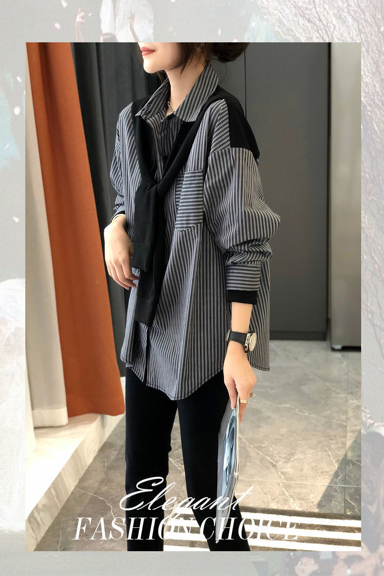 Women's Black And Grey Striped Blouse Stylish Versatile Shirt_voghion.com