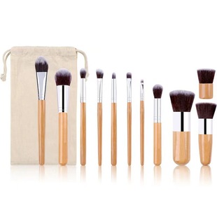 Cross-Border Hot Selling 11 Bamboo Handle Makeup Brush Set Environmentally Friendly Canvas Bag Portable Beauty Tools Wholesale