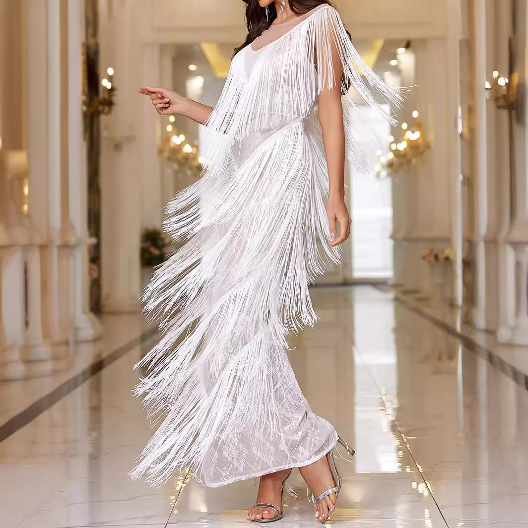 European and American Export Women's Clothing Amazon Elegant and Sexy Tassel Round Neck Long Skirt Wedding Party Cocktail Party Prom Dress