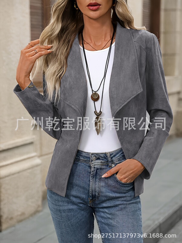 2025新款跨境外贸欧美女装纯色西装翻领无扣修身时尚外套开衫上衣|undefined