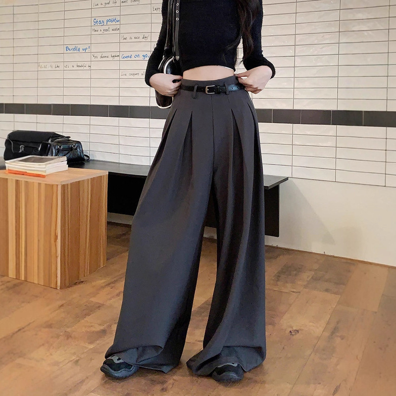 女性のためのハイエンドのドレープグレーのスーツパンツ夏の新しいハイウエストストレートワイドレッグパンツカジュアルパンツフロアレングスパンツ|undefined