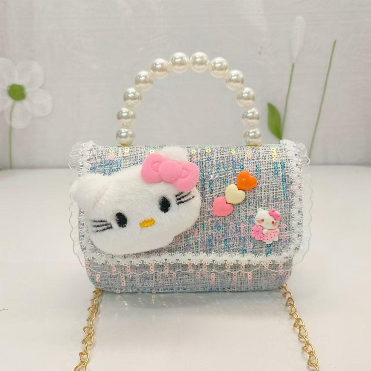 Bolsa de perla de dibujos animados de un hombro con una pequeña bolsa de cambio de viento bolsa de accesorios de niños bolsos cuadrados cadenas mochila de chicas