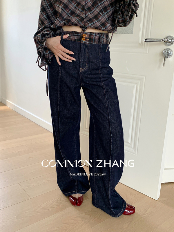 CZ ZHANG秋高腰贴布阔腿牛仔裤女度假风百搭休闲直筒休闲裤B31907|undefined