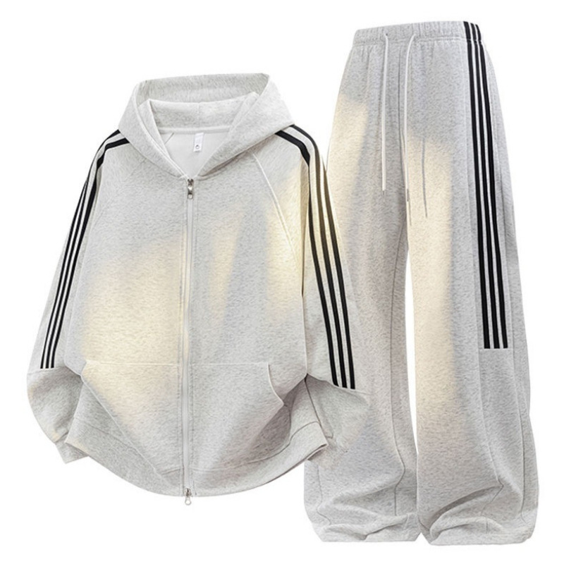 Hooded cardigan sweatshirt and casual pants set, unisex, suitable for spring, autumn, and winter, featuring striped three-stripe patchwork design, a two-piece sportswear set Hooded cardigan sweatshirt and casual pants set, unisex, suitable for spring, autumn, and winter, featuring striped three-stripe patchwork design, a two-piece sportswear set