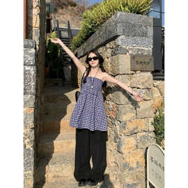 小众设计感两穿蓝色格子半身裙女夏季法式气质抹胸背心裙a字伞裙