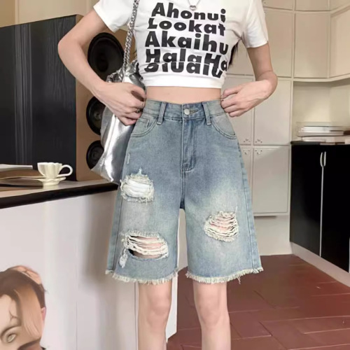 Ladys Retro Ripped Denim Medium Length Pants Summer High-Waisted Loose Slimming Petite Straight Wide Leg Five-Eighth Medium Pants