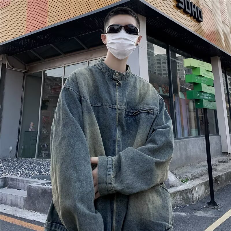 Retro Washed Vintage Denim Jacket, Loose Casual Zipper Jacket, Top_voghion.com