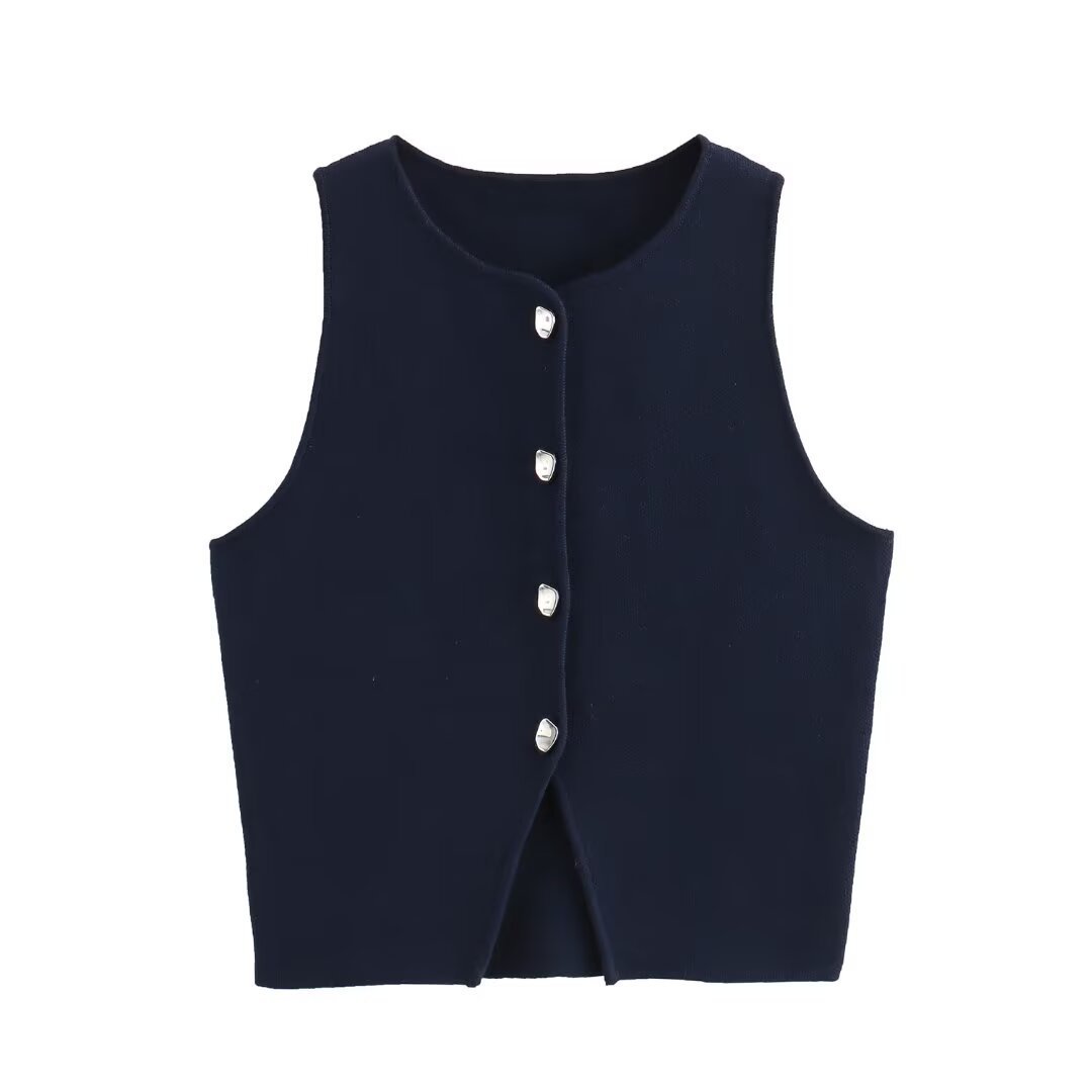 Damenbekleidung Herbst 2024 neue Street Fashion einfarbige Weste mit vier Knöpfen_voghion.com