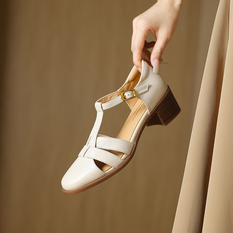 Sandal nữ quai chữ T da cừu rỗng gót xuồng 5 cm — Màu be