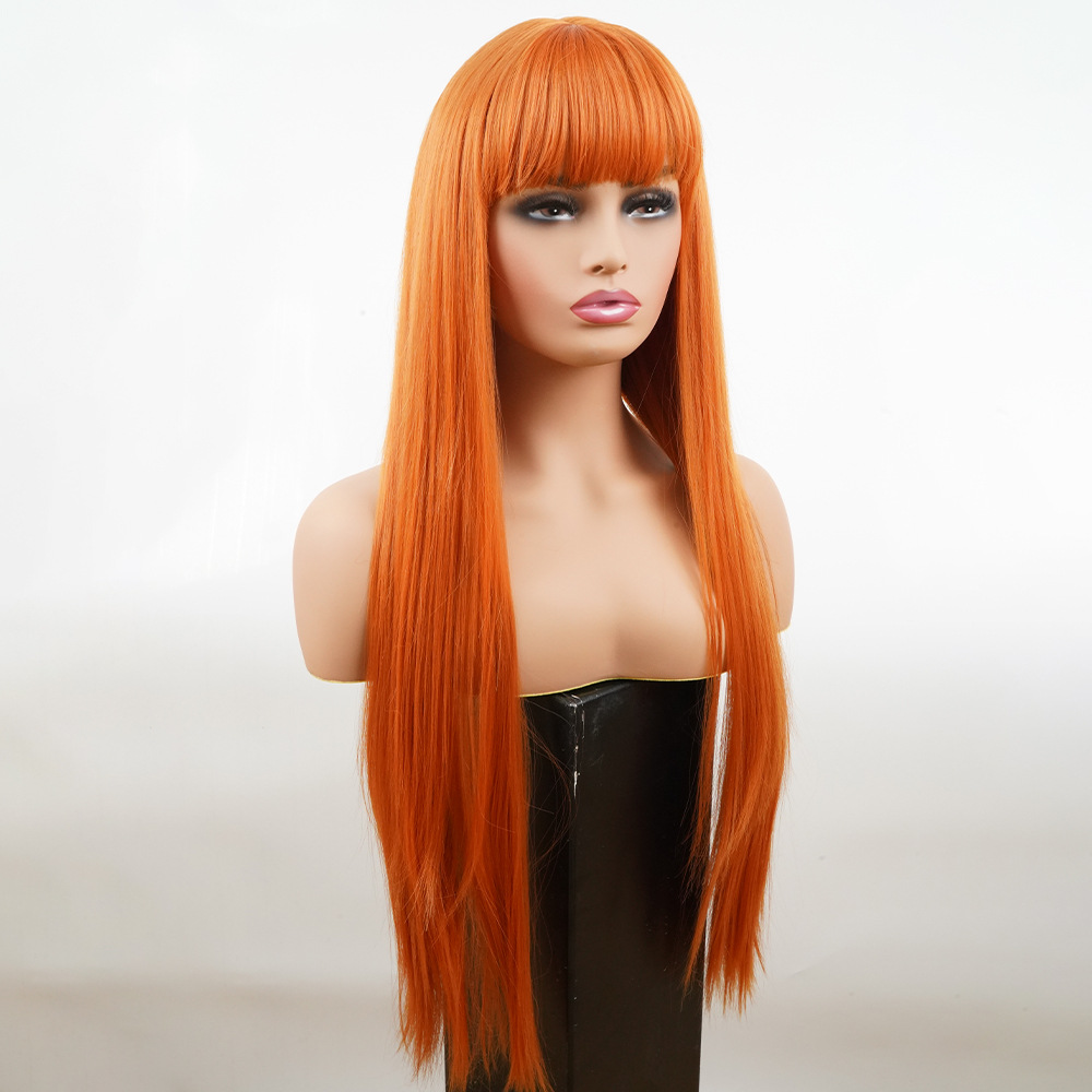 Factory wholesale chemical fiber wig long straight hair headgear 26 inches high temperature wire machine-made rose mesh orange wig_voghion.com