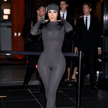 欧美跨境秋冬新款女装时尚长袖纯色拼接连体上衣修身长裤两件套装