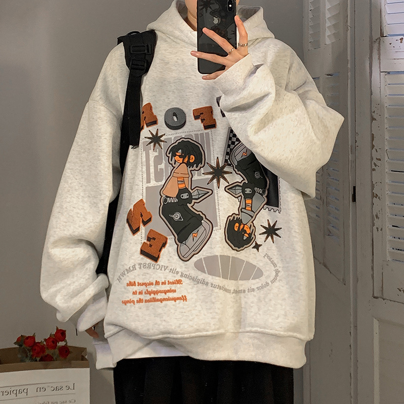 Cartoon hooded sweater men's spring and autumn American hiphop top High Street West Coast fashion brand coat fleece-lined thickened