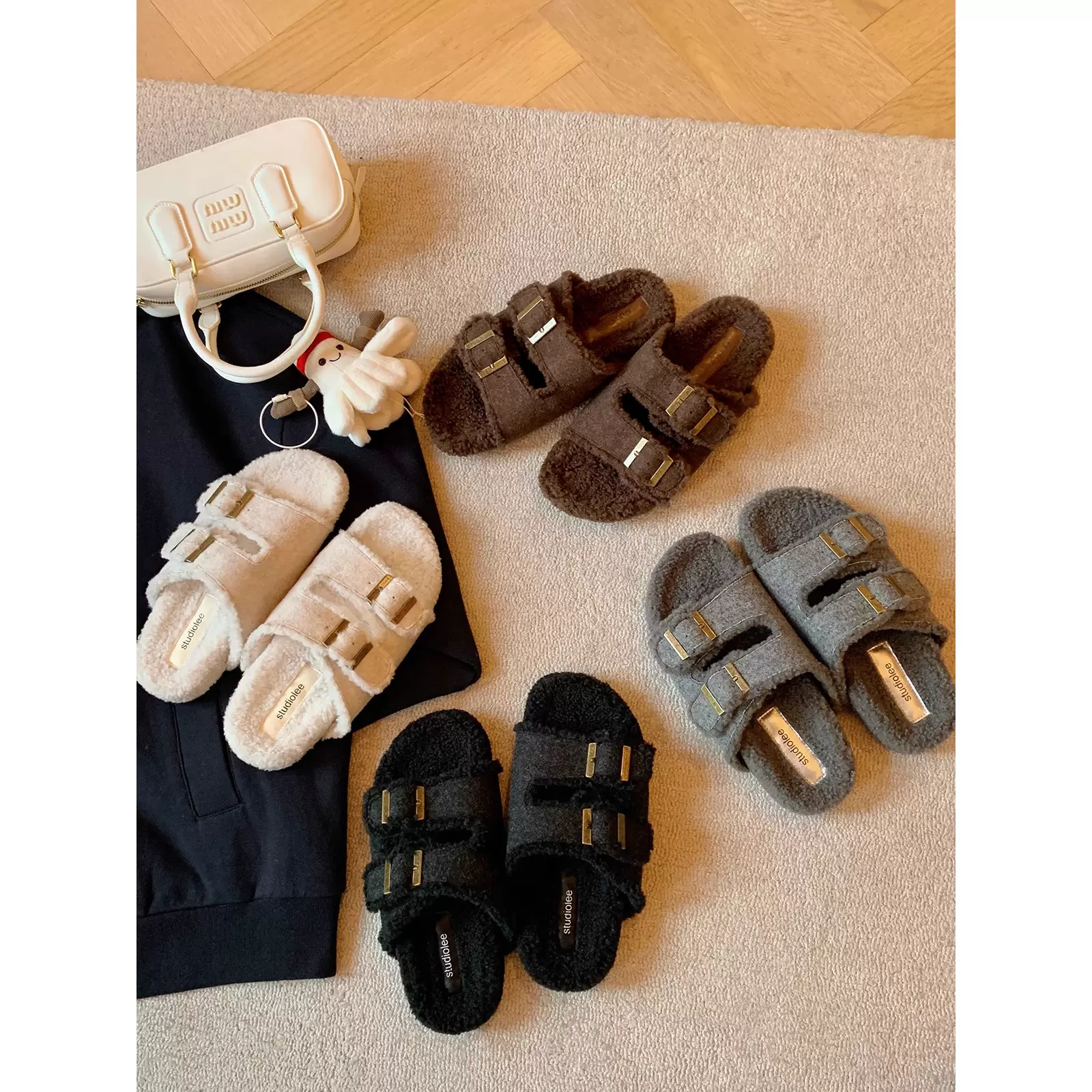 现货秒发！葡萄妈同款懒人双扣带外穿百搭厚底毛毛勃肯拖鞋女秋冬