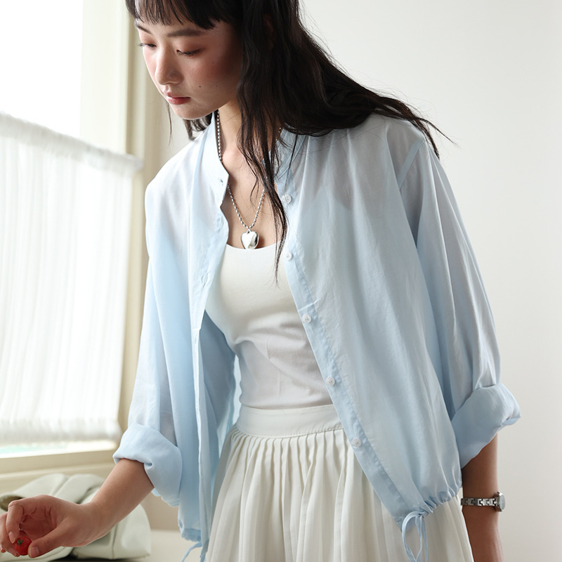 Lanjing Tencel Linen Collar Shirt Women's 2025 New Spring and Summer Drawstring Cardigan Lightweight Loose Button Top Lanjing Tencel Linen Collar Shirt Women's 2025 New Spring and Summer Drawstring Cardigan Lightweight Loose Button Top