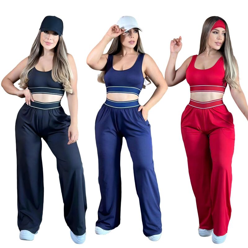 Trendy Simple Casual Fashion Sports Crop Top Vest and Wide-Leg Pants Set Q6344