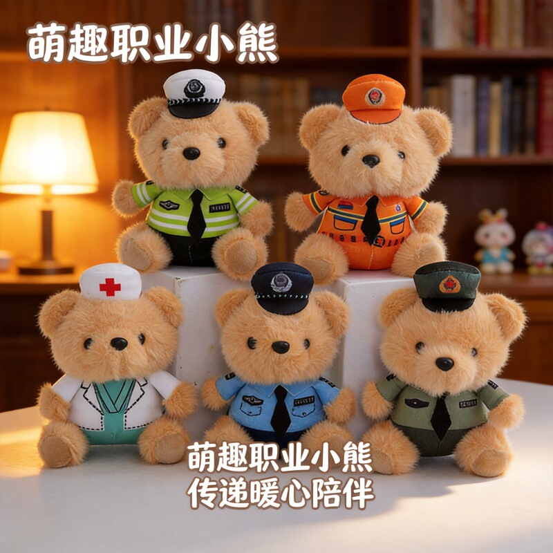 Creative professional bear bag plush pendant, police and fire uniform doll keychain gift wholesale