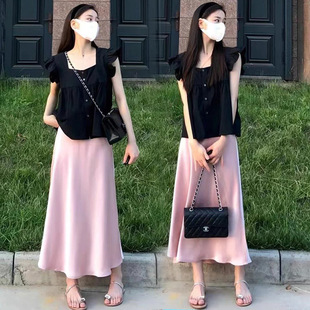 Pregnant Women's Acetic Acid Satin Skirt Summer 2024 New High-end Belly-supporting Mid-length A- line Hip Skirt