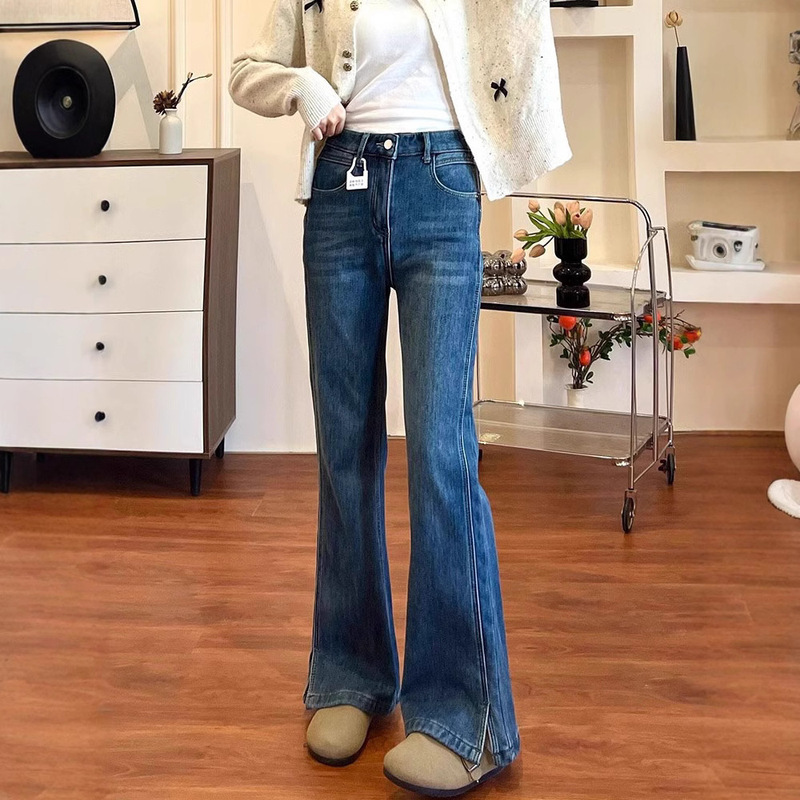 Plus Size Slit Bootcut Jeans for Women in Spring Fat mm Pear-Shaped Figure American Retro Straight Wide-Leg Horseshoe Pants
