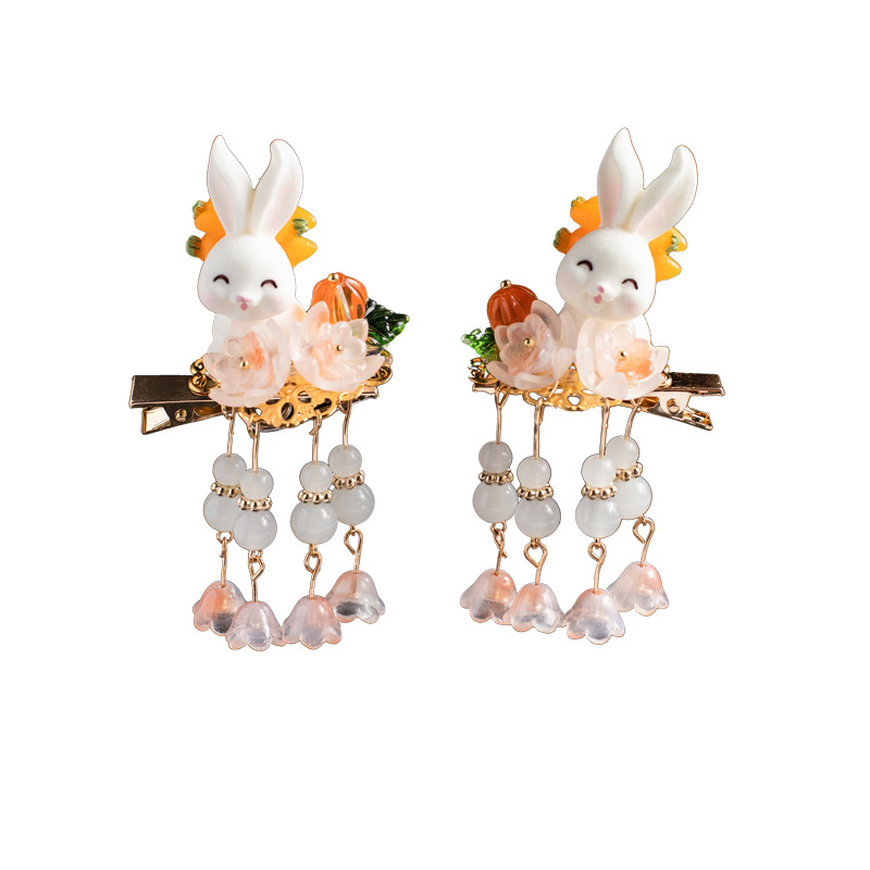 꽃 비취 토끼 헤어 액세서리 쌍