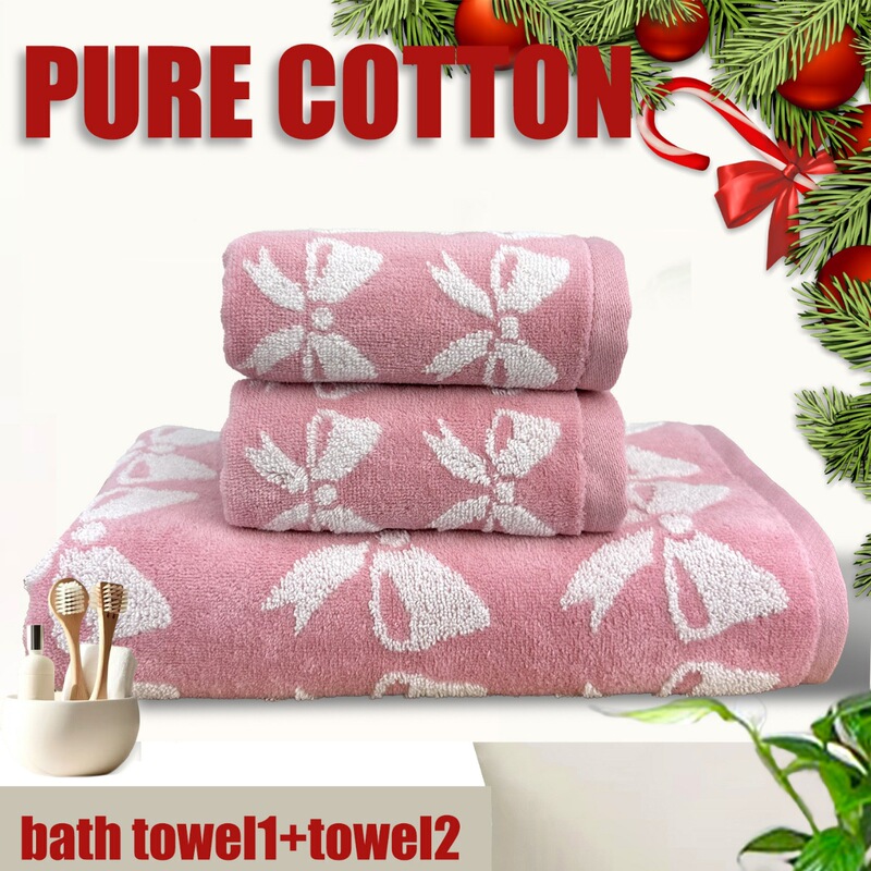 Pink Bow Bath Towel, Soft Untwisted Yarn-Dyed Jacquard Three-Dimensional Embossed Pure Cotton Bath Towel Three-Piece Set