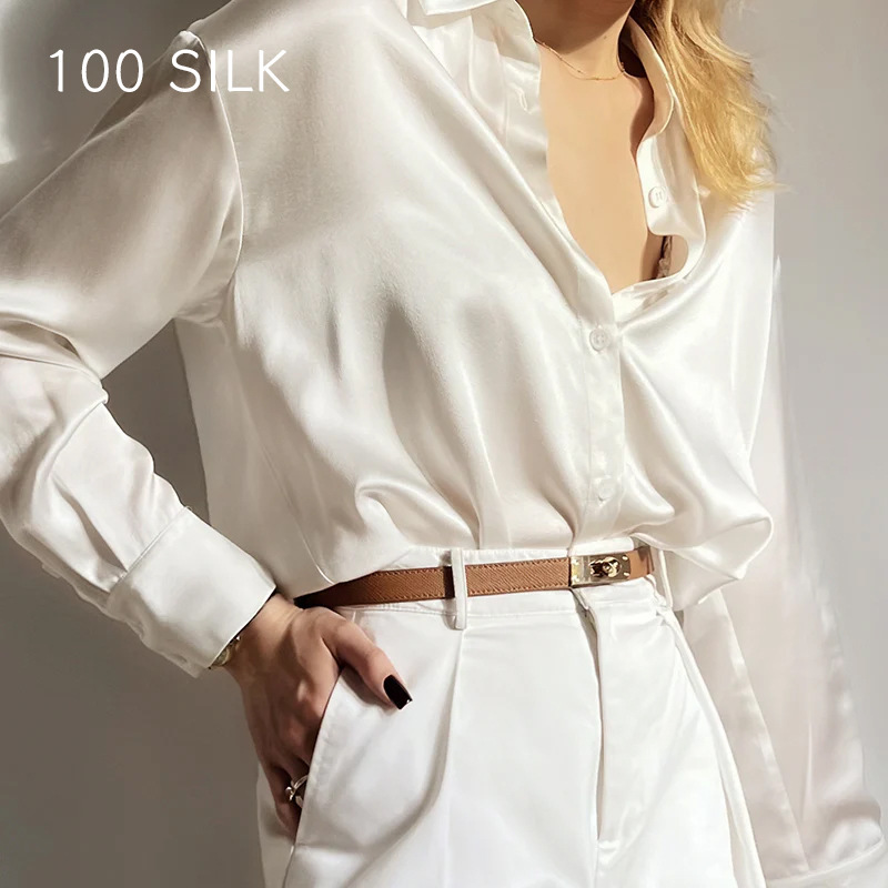 White Silk Shirt, New Summer Style, 100% Mulberry Silk, Casual Loose Long-Sleeve Women's Top