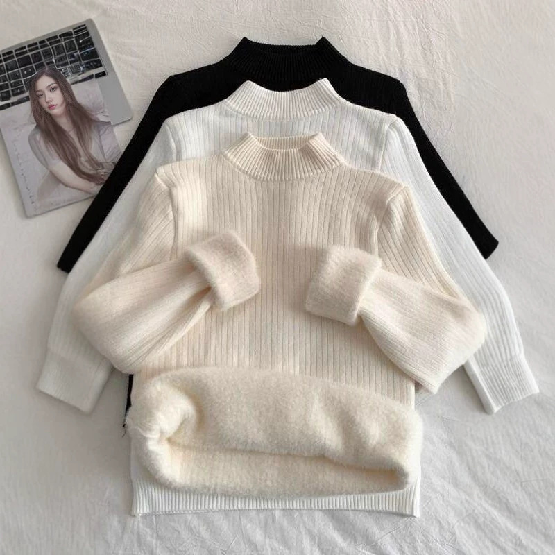 Korean-style solid-color, soft and comfortable, fleece-lined, and thickened warm sweater, new spring collection, women's half-turtleneck base layer top, regular fit Korean-style solid-color, soft and comfortable, fleece-lined, and thickened warm sweater, new spring collection, women's half-turtleneck base layer top, regular fit