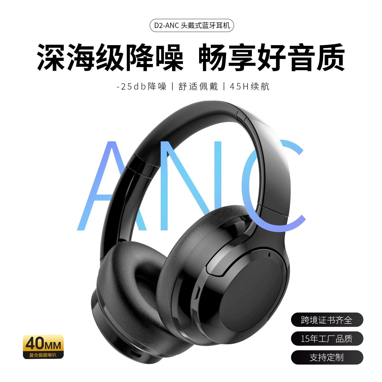 Bluetooth Headset (D2-ANC) ANC, Bluetooth 5.4, Dolby HIFI Stereo, 45H Battery