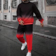 欧美跨境男士套装秋冬渐变色圆领长袖卫衣螺纹收脚长裤休闲两件套