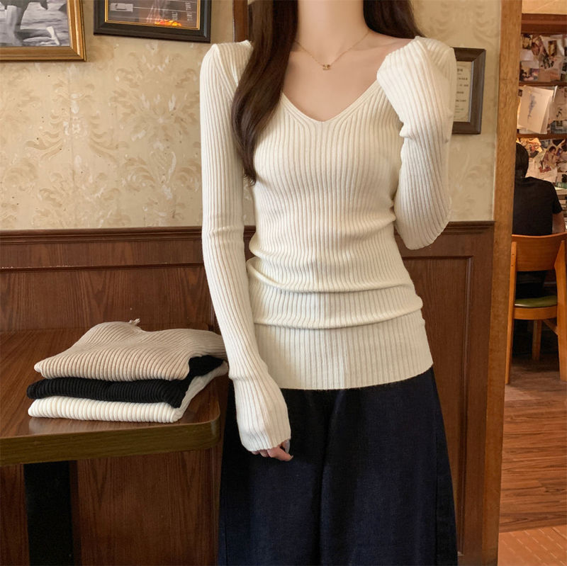 秋冬v领韩版修身坑条气质安迪绒针织衫女高级感打底长袖内搭毛衣|undefined