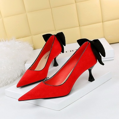 17175-B2 Korean Fashion Sweet Medium Heel Women&apos;s Shoes Thin Heel Shallow Mouth Pointed Suede Color Contrast Bowkno