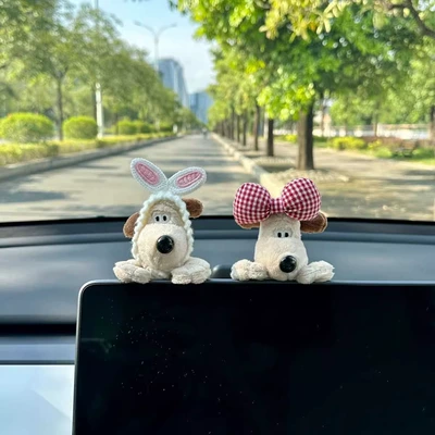 Car ornaments | Decorative Doll - screen-ornaments-rabbit-ears-pink-checkered-bow-dog