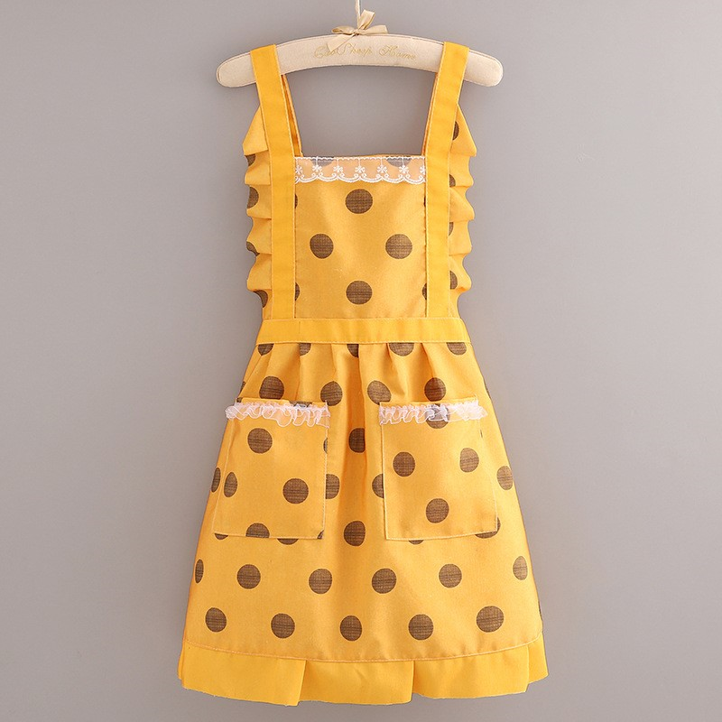 노란색 물방울 무늬가 있는 캔버스 스트랩 공주 드레스