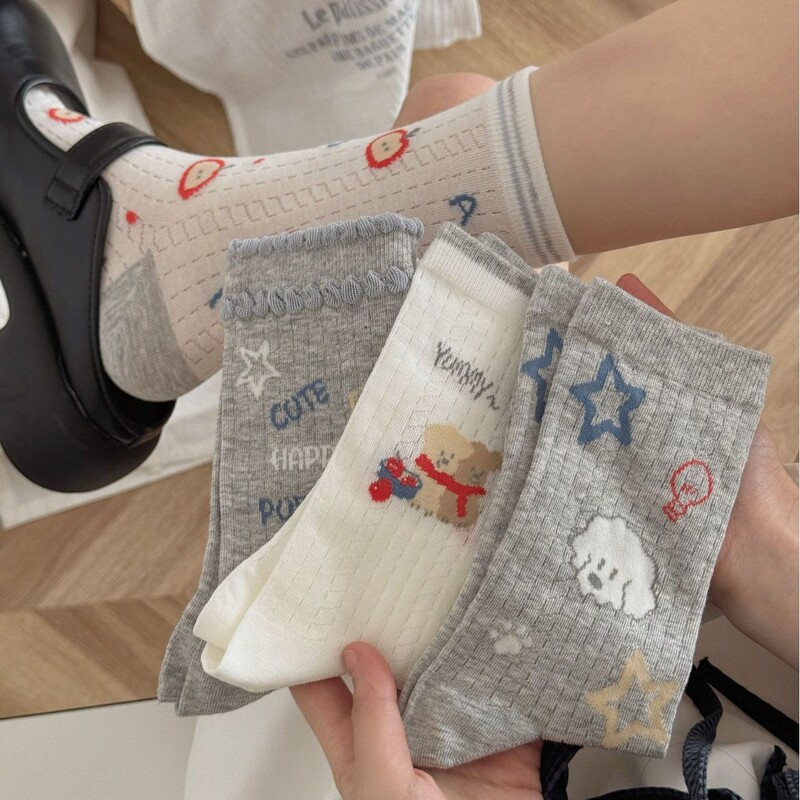 Socks Women's Summer Thin Cute Cartoon Puppy Mid-tube Socks Mesh Breathable Sweat Absorbing Korean Style Grey Boneless Cotton Socks