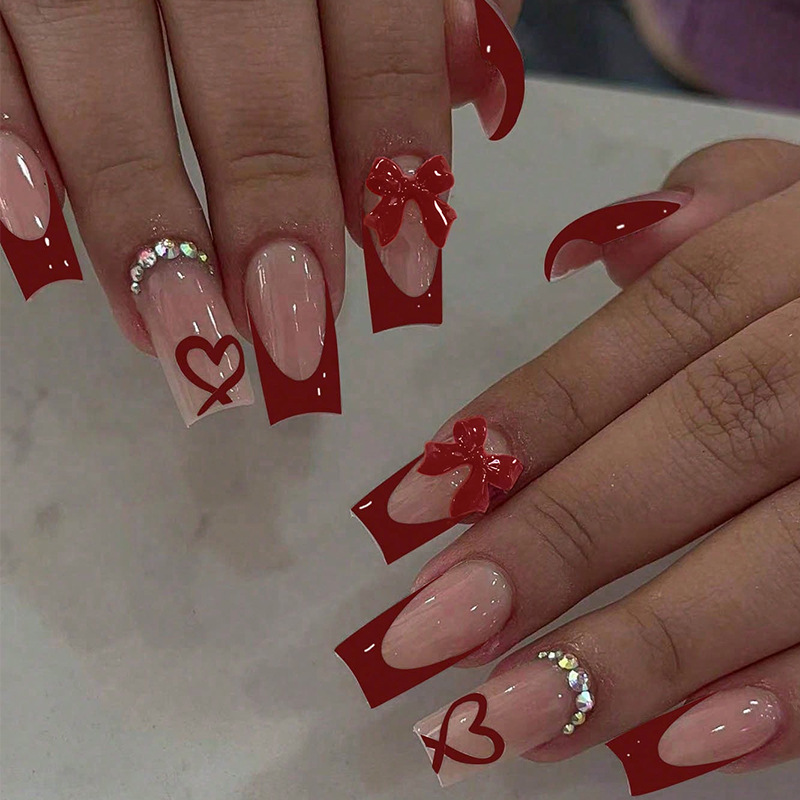 Red French Wear Nails Red Bow Heart Diamond Square Nail Patch Manicure Fake Nails Finished Nail