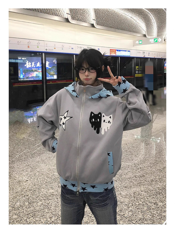 复古街头条纹撞色拼接星星连帽卫衣外套女宽松休闲百搭叠穿棒球服|undefined