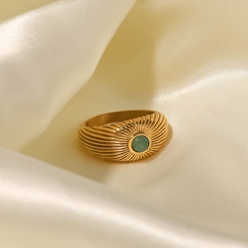INS French style 18K gold-plated stainless steel natural green stone sun-shaped ring punk style ring for women