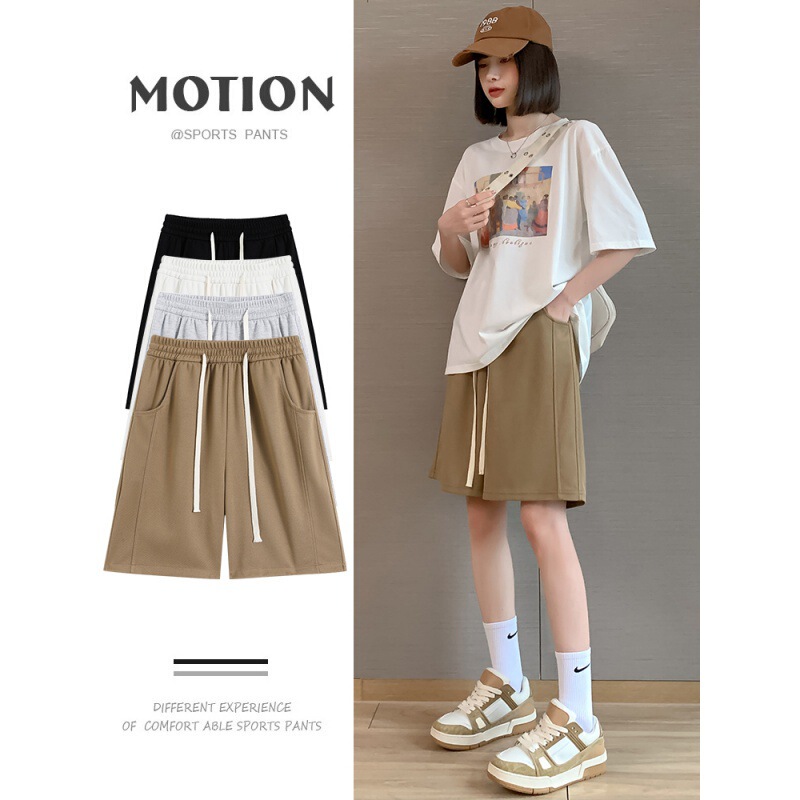 Khaki Sports Shorts Women's Summer Loose Casual Suit Wide-leg High Waist Straight A- line Slim 5-point Medium Pants