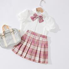 夏季女童学院风套装短袖衬衫格子百褶裙两件套中小大童jk短裙衬衣