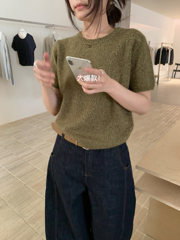i miss韩标减龄小个子浣熊绒短袖针织衫女2025秋季内搭上衣毛衣|undefined